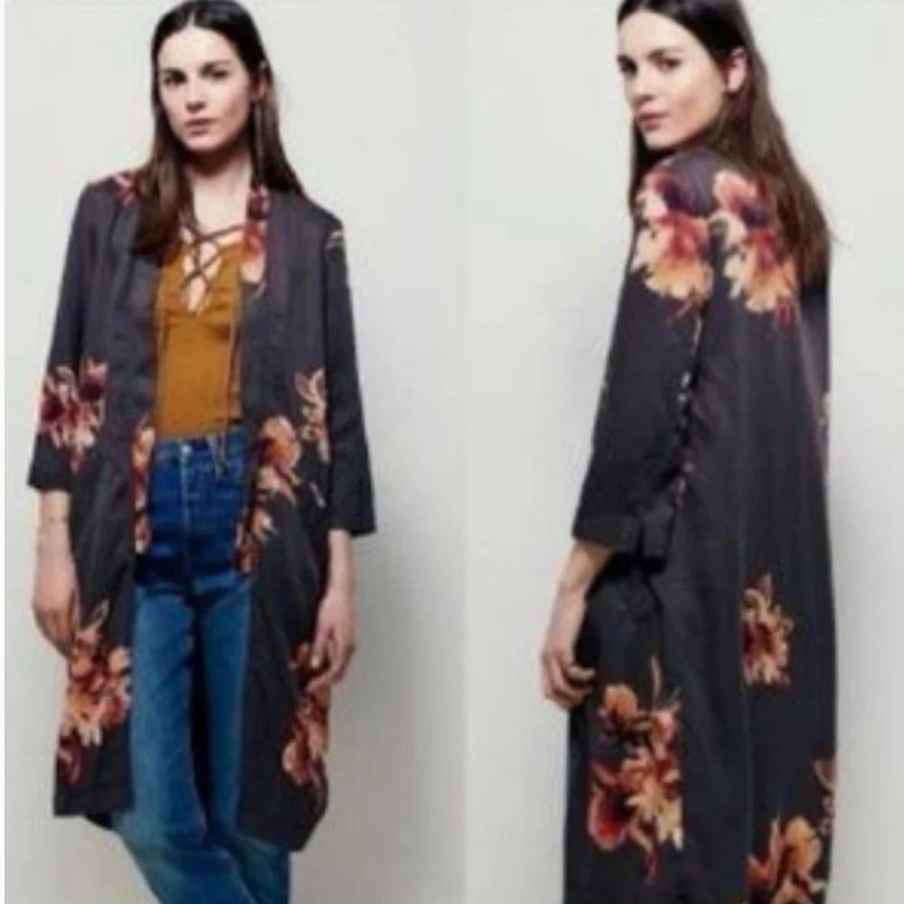 Free People Vintage Brown Floral Long Duster Jacket Open Front Size Large NWOT